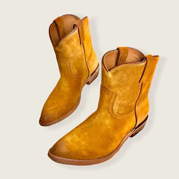 Frye Billy Short Camel Suede Leather South Western Pull On Cowboy Ankle Boots - Picture 15 of 16